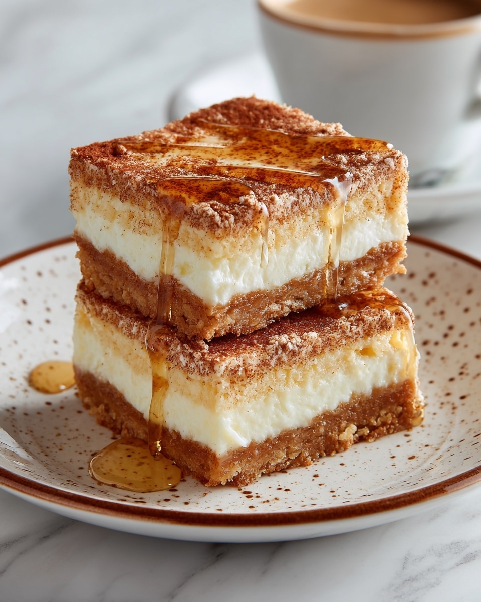 The image shows a white rectangular baking dish with six square pieces of baked cinnamon sugar cake, four still in the dish and two taken out with one lifted showing three layers: a light golden brown top layer with a crispy cinnamon sugar texture, a thick middle layer of soft, pale yellow cake, and a thin bottom layer of slightly darker baked crust. Two silver forks rest beside the squares in the empty space of the dish. The dish is on a wooden board placed on a white marbled surface with a small white bowl of honey and a glass milk jar nearby, along with a blue cloth in the top right corner. Photo taken with an iphone --ar 4:5 --v 7