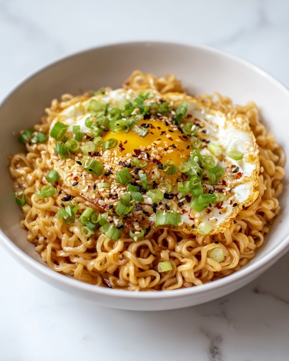 A bowl of cooked ramen noodles forms the base layer, showing a glossy, light brown color with a soft, curly texture. On top, there is a single cooked egg with a yellow and white mix, slightly browned and unevenly spread across the noodles. The top layer is sprinkled with finely chopped green onions, adding bright green spots, along with black and white sesame seeds and red chili flakes that give extra textures and hints of color. The bowl is white and set on a white marbled surface. photo taken with an iphone --ar 4:5 --v 7