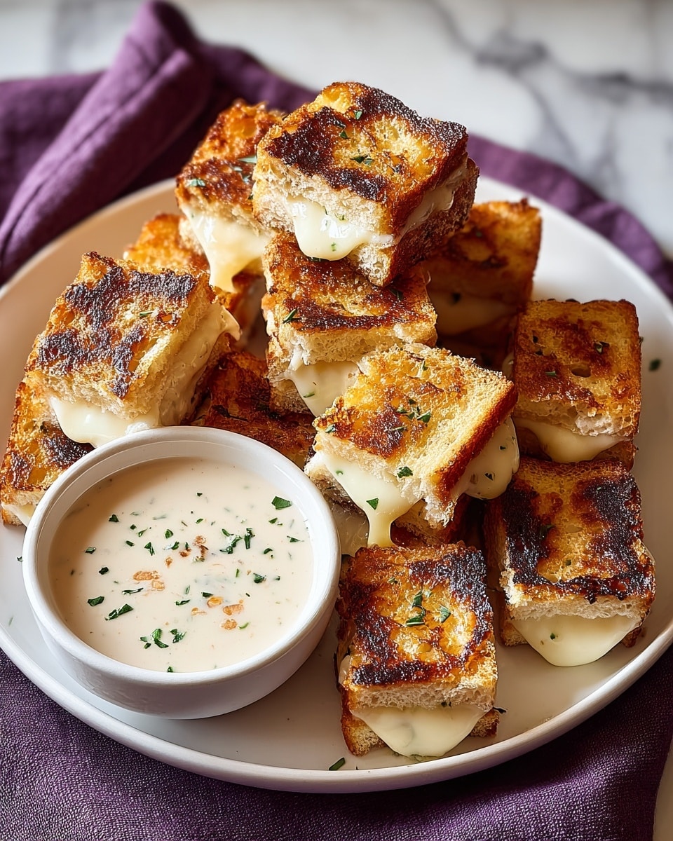 A white plate holds a pile of small grilled cheese sandwiches cut into bite-sized squares, stacked in two or three layers. The top surfaces are golden brown with dark toasted spots, showing melted gooey cheese oozing out from the edges on some pieces. Small green herb flakes are sprinkled lightly over the sandwiches. A white bowl filled with a creamy, pale sauce dotted with small bits sits on the plate beside the sandwiches. The plate rests on a purple cloth over a white marbled surface. photo taken with an iphone --ar 4:5 --v 7
