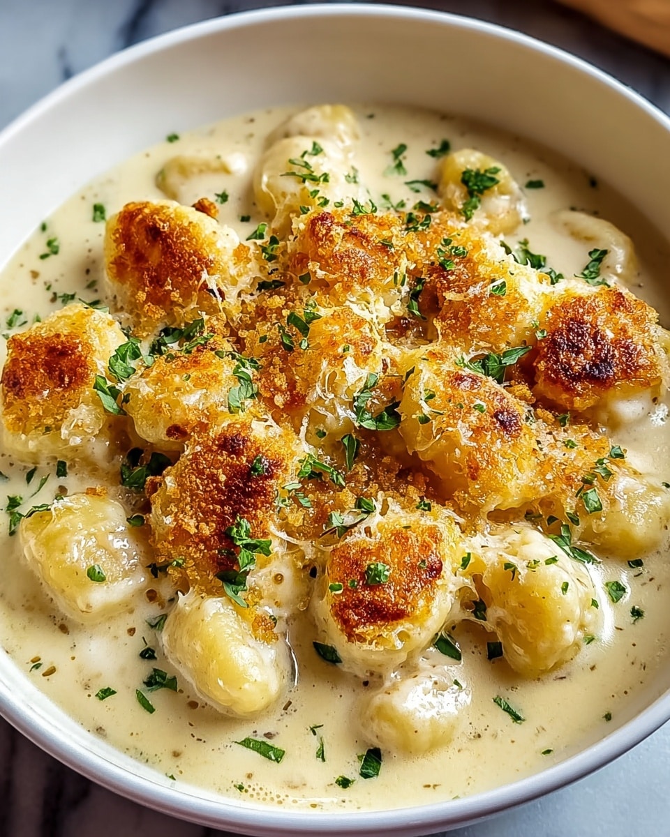 A white bowl filled with a creamy dish of gnocchi covered in a thick light beige sauce, with gnocchi pieces forming the main layer visible all over the dish. On top, there is a golden-brown crust made from melted cheese or breadcrumbs with a slightly crispy texture, sprinkled with finely chopped green herbs. The sauce around the gnocchi is smooth and rich, pooling at the bottom and slightly coating some gnocchi pieces. The bowl is placed on a white marbled surface with a faint texture visible. photo taken with an iphone --ar 4:5 --v 7