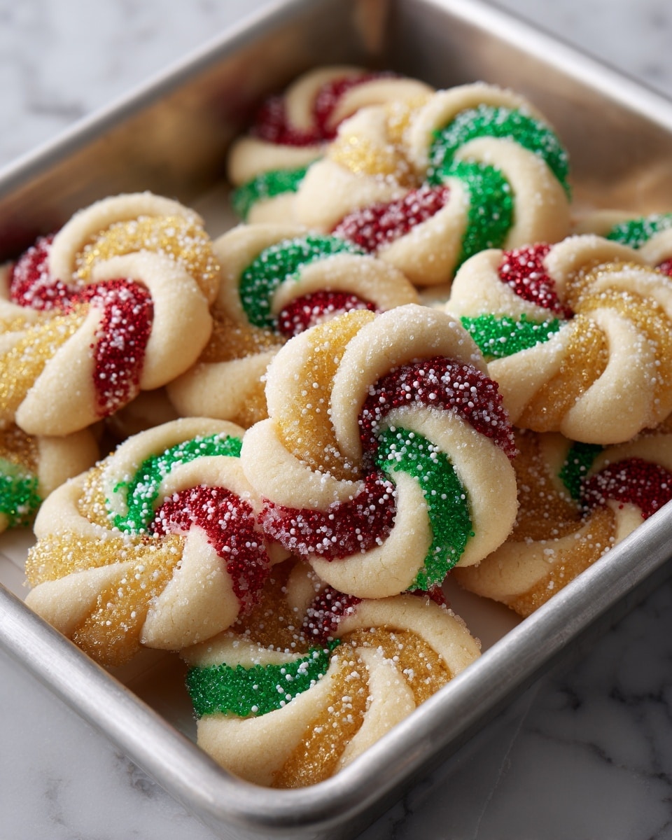 The image shows a silver baking tray filled with round cookies that have six twisted segments each. Each cookie has three cream-colored segments alternating with three colored segments in red, green, or yellow, creating a pinwheel pattern. The cookies are topped with small white sugar crystals and tiny round sprinkles in matching festive colors. The tray sits on a white marbled surface. Photo taken with an iphone --ar 4:5 --v 7