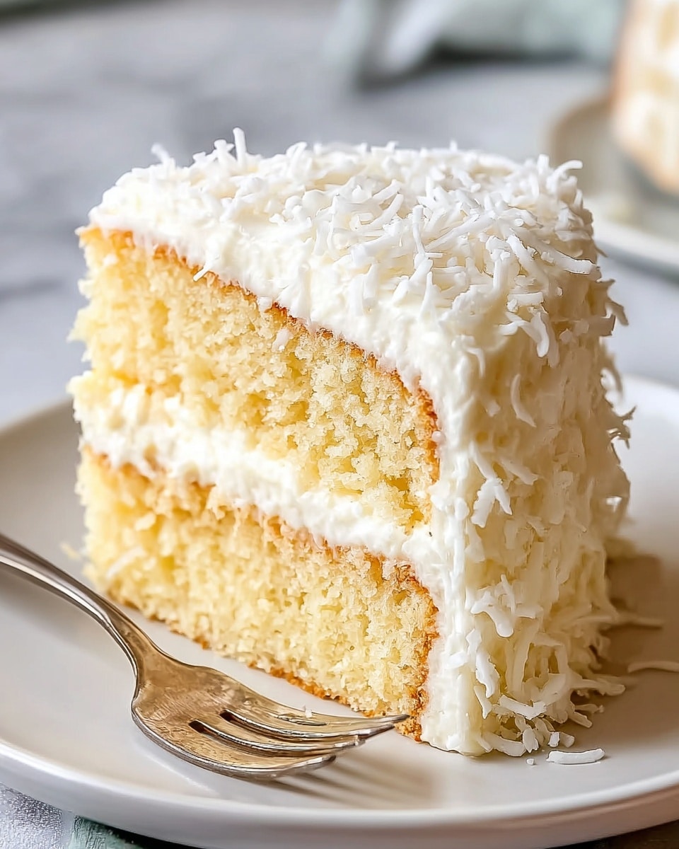 A close-up of a two-layer vanilla cake slice on a white plate with a silver fork beside it. The bottom layer is light golden brown with a soft, crumbly texture. Between the two layers is a thick spread of smooth white cream. The top layer matches the bottom in color and texture and is covered with white frosting, topped with shredded coconut pieces that add a rough, fibrous texture. The background is a soft-focused white marbled texture. Photo taken with an iphone --ar 4:5 --v 7