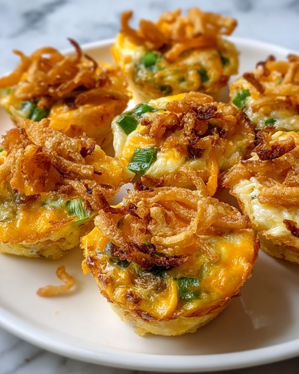 A close-up view of seven mini egg muffins arranged on a white plate, each muffin showing three distinct layers: the bottom layer is a light golden brown baked egg base, the middle layer includes green vegetable pieces and melted white and orange cheese, and the top layer is a crispy pile of fried onion strings that are golden brown in color. The muffins have a textured, slightly rough surface with melted cheese dripping slightly over the edges, all set against a white marbled background. photo taken with an iphone --ar 4:5 --v 7