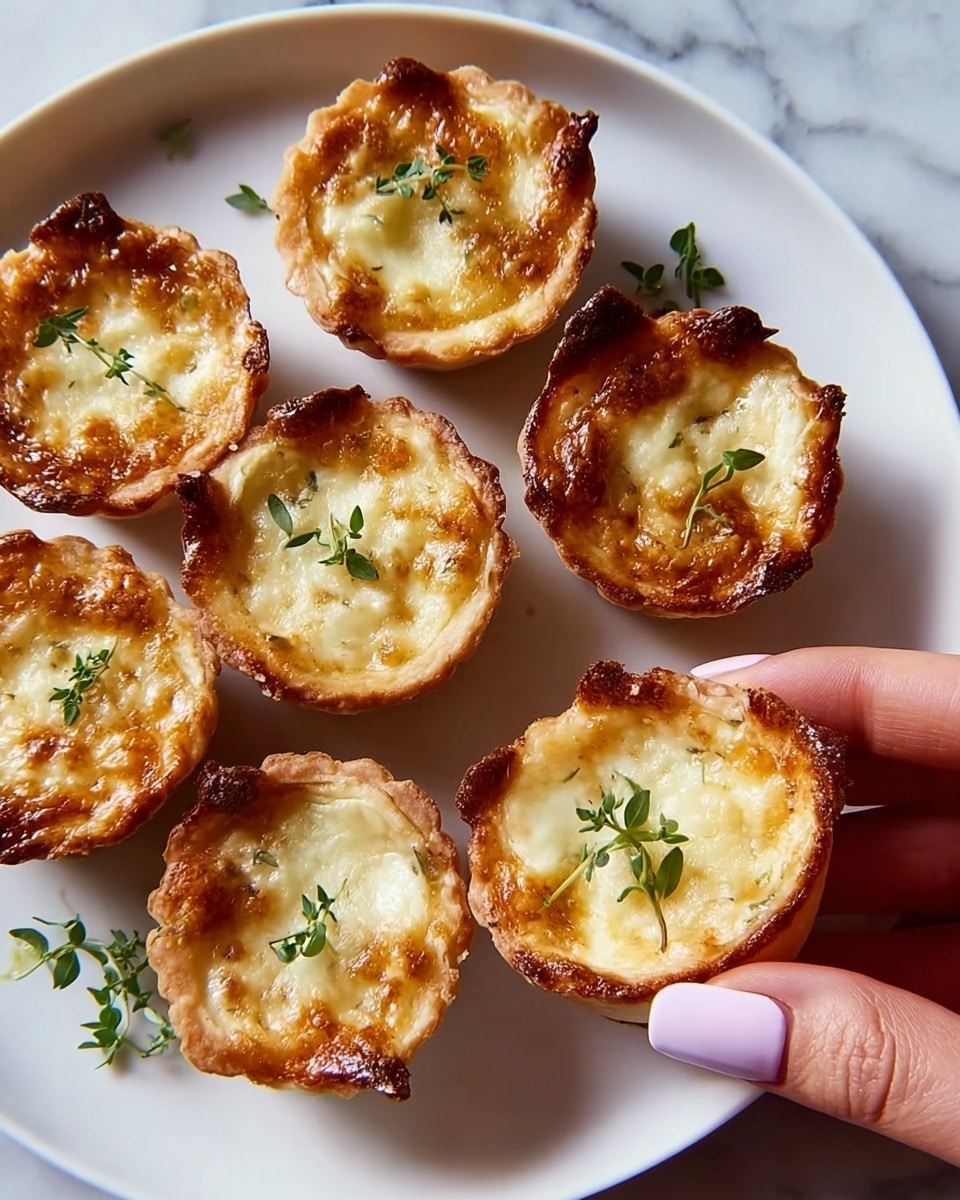 A white plate holds several small tartlets with golden brown crisp edges and creamy, slightly browned tops. Each tartlet has one layer of flaky crust forming the base and sides, supporting a melted cheese layer that looks bubbly and browned with a rich texture. Small green herb sprigs are scattered on the cheese, adding a touch of fresh color. On the right side, a woman's hand with light pink nail polish is gently holding one tartlet. The plate rests on a white marbled surface. photo taken with an iphone --ar 4:5 --v 7