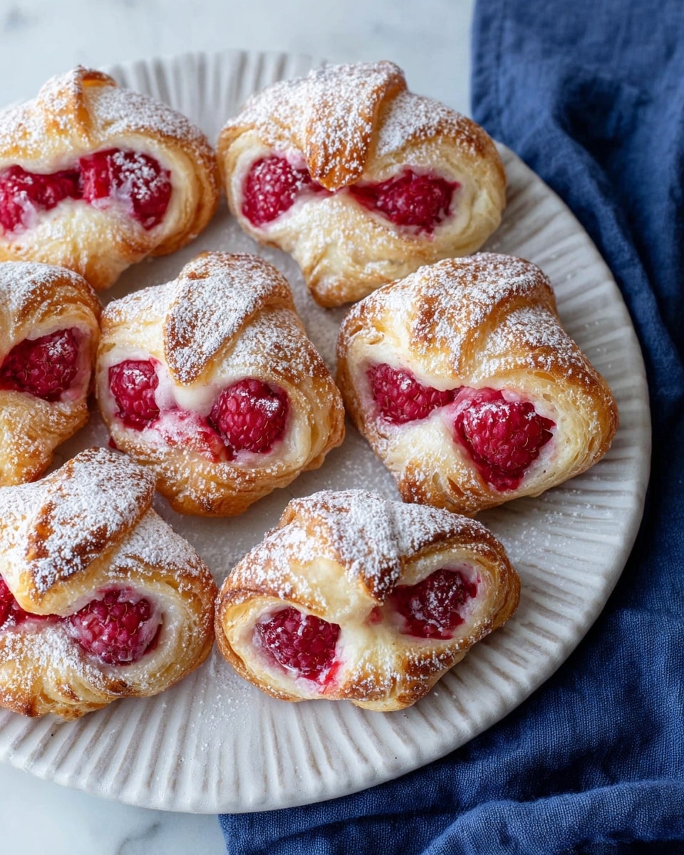 This image shows several small pastries arranged on a white plate with a subtle textured edge. Each pastry has two layers of golden-brown puff pastry folded to create pockets holding bright red raspberry filling and creamy white filling inside the center. The top of each pastry is dusted with powdered sugar, adding a soft white contrast to the shiny pink-red raspberries and light beige pastry. The plate sits on a white marbled surface with a dark blue cloth partially visible on one side. Photo taken with an iphone --ar 4:5 --v 7