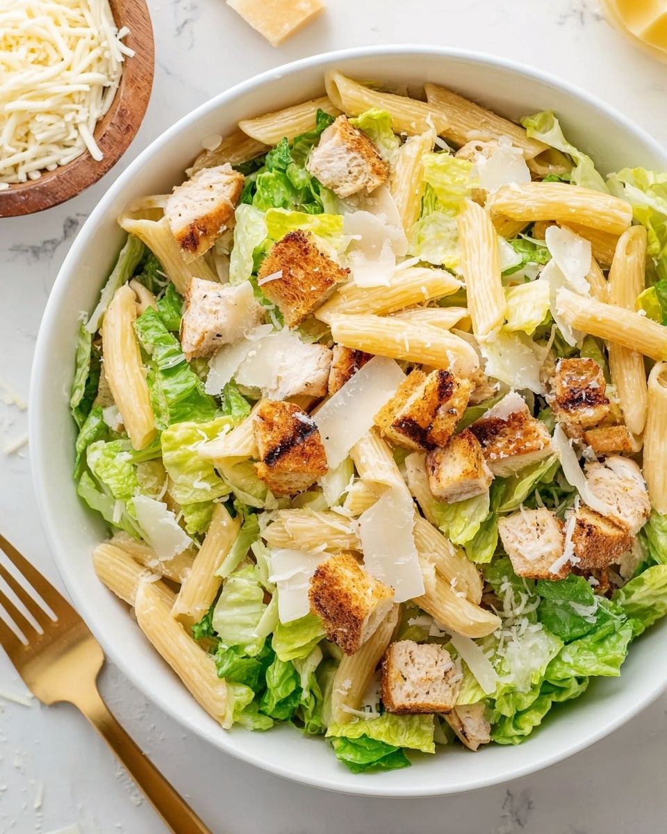 A white bowl is filled with a fresh pasta salad made of three main layers: the base layer has light yellow penne pasta, the middle layer contains green chopped lettuce leaves, and the top layer shows golden-brown grilled chicken chunks, golden croutons, and thin shavings of white cheese scattered on top. The bowl sits on a white marbled surface, with a small wooden bowl of shredded cheese and a gold fork partly visible nearby. Photo taken with an iphone --ar 4:5 --v 7