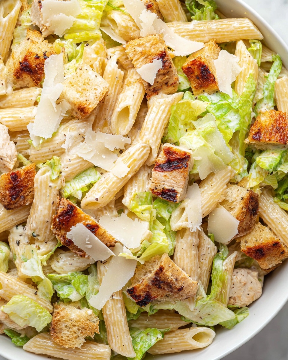A close-up view of a white bowl filled with a creamy pasta salad featuring penne pasta, light golden grilled chicken pieces, crunchy green lettuce leaves, and golden brown croutons. The dish is topped with thin, white shavings of Parmesan cheese scattered evenly over the top, adding texture and contrast. The mix shows layers of smooth, creamy dressing coating the pasta and chicken while the crunchy croutons and fresh lettuce add varying textures throughout. The bowl sits on a white marbled surface. photo taken with an iphone --ar 4:5 --v 7