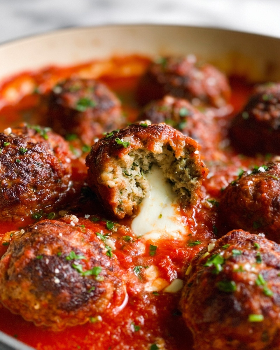 A close-up view of several browned meatballs sitting in a rich red tomato sauce inside a white pan, one meatball is cut open revealing a melted white cheese center and a textured, green speckled meat exterior, with small green herb pieces sprinkled on top of the meatballs and sauce, all resting on a white marbled surface, photo taken with an iphone --ar 4:5 --v 7