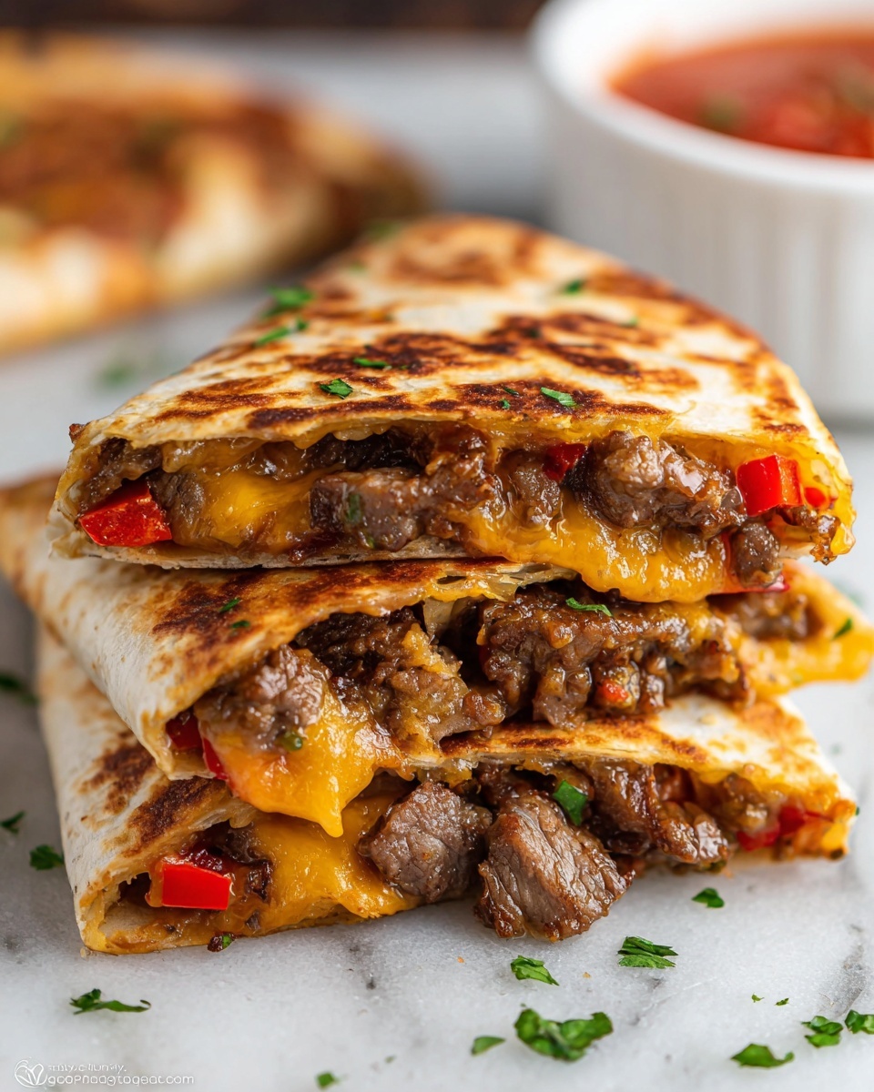 The image shows a close-up of a folded quesadilla sliced in half and stacked, revealing three layers of cooked beef pieces mixed with melted yellow cheddar cheese and small chunks of red bell pepper inside a toasted, golden-brown tortilla. The top tortilla layer has a slightly crispy and spotted texture, with tiny green herb pieces sprinkled on it and around the quesadilla. In the blurred background, there is a white bowl containing red salsa on a white marbled surface. Photo taken with an iphone --ar 4:5 --v 7