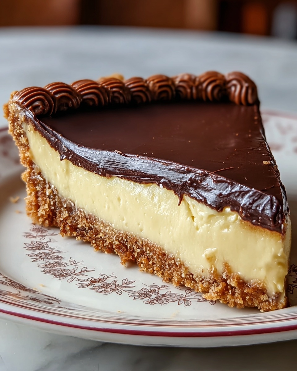 A close-up side view of a single slice of pie on a white plate with a delicate brown floral pattern and red trim, placed on a white marbled surface. The pie has three clearly visible layers: a crumbly golden-brown crust that forms the base and edges with a coarse texture, a thick middle layer of smooth pale yellow creamy filling with some soft ripples and air pockets, and a shiny dark chocolate ganache layer spread evenly on top. The chocolate layer has a glossy finish with slight ridges near the crust and a neat border with an uneven piped edge of more crust crumbs. Photo taken with an iphone --ar 4:5 --v 7