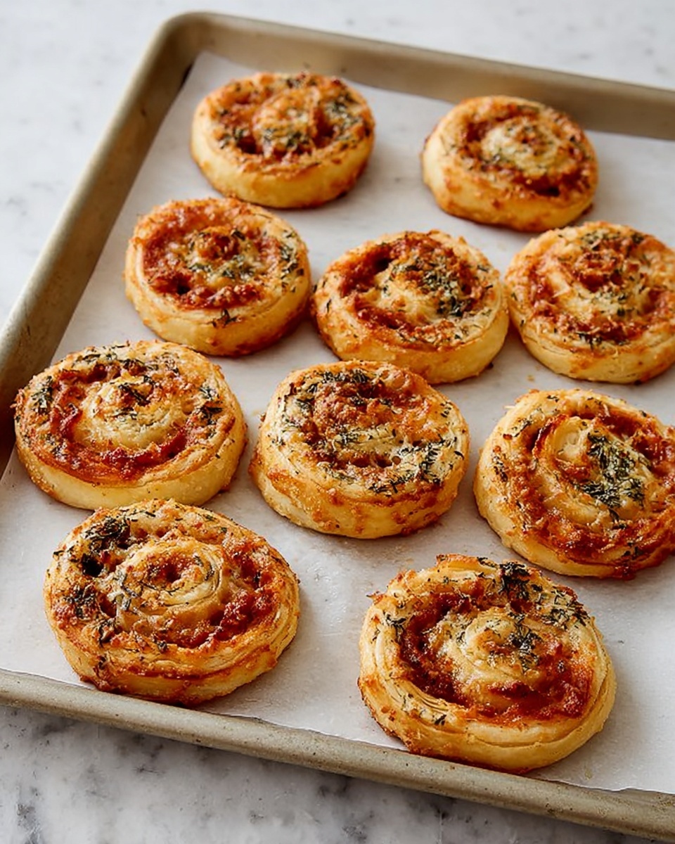A metal baking tray holds nine round puff pastry pinwheels, each with a golden brown crust speckled with dried herbs around the edges. The pinwheels have two main layers: the outer crispy, flaky pastry forming a thick circular base and edge, and the inner spiral layer filled with melted tomato sauce and bits of browned cheese or meat, showing a rich reddish-orange color. The pinwheels are evenly spaced on white parchment paper, resting on a white marbled surface. photo taken with an iphone --ar 4:5 --v 7