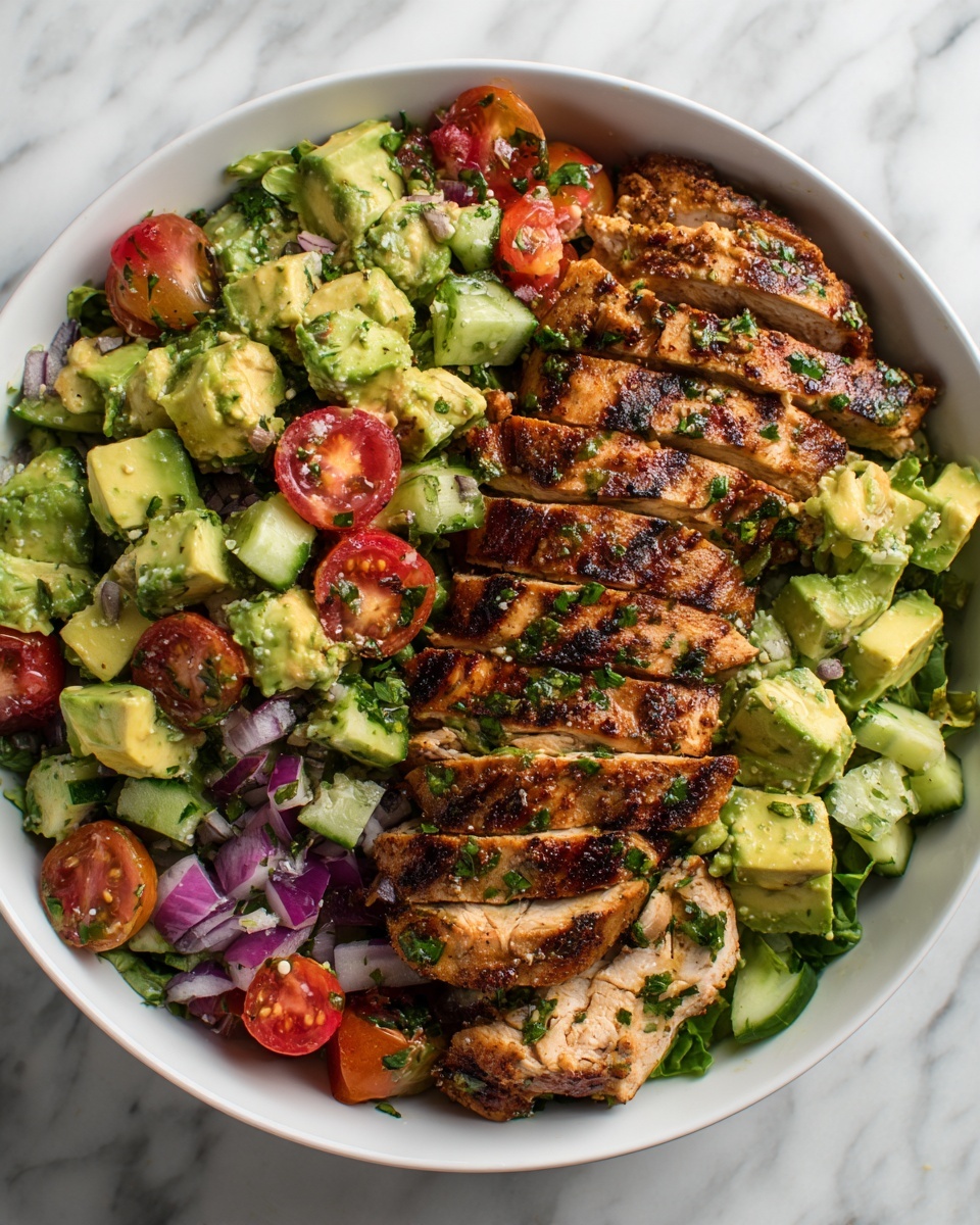 A close-up shot of a bowl showing a fresh salad topped with grilled chicken. The bottom layer has chunks of green avocado, red cherry tomatoes cut in halves, diced cucumber, and small pieces of purple onion, all mixed together with chopped green herbs sprinkled on top. On the top layer, there are several pieces of grilled chicken breast, browned and sliced into thick, juicy strips, arranged neatly across the salad. The bowl is white and placed on a white marbled surface. photo taken with an iphone --ar 4:5 --v 7