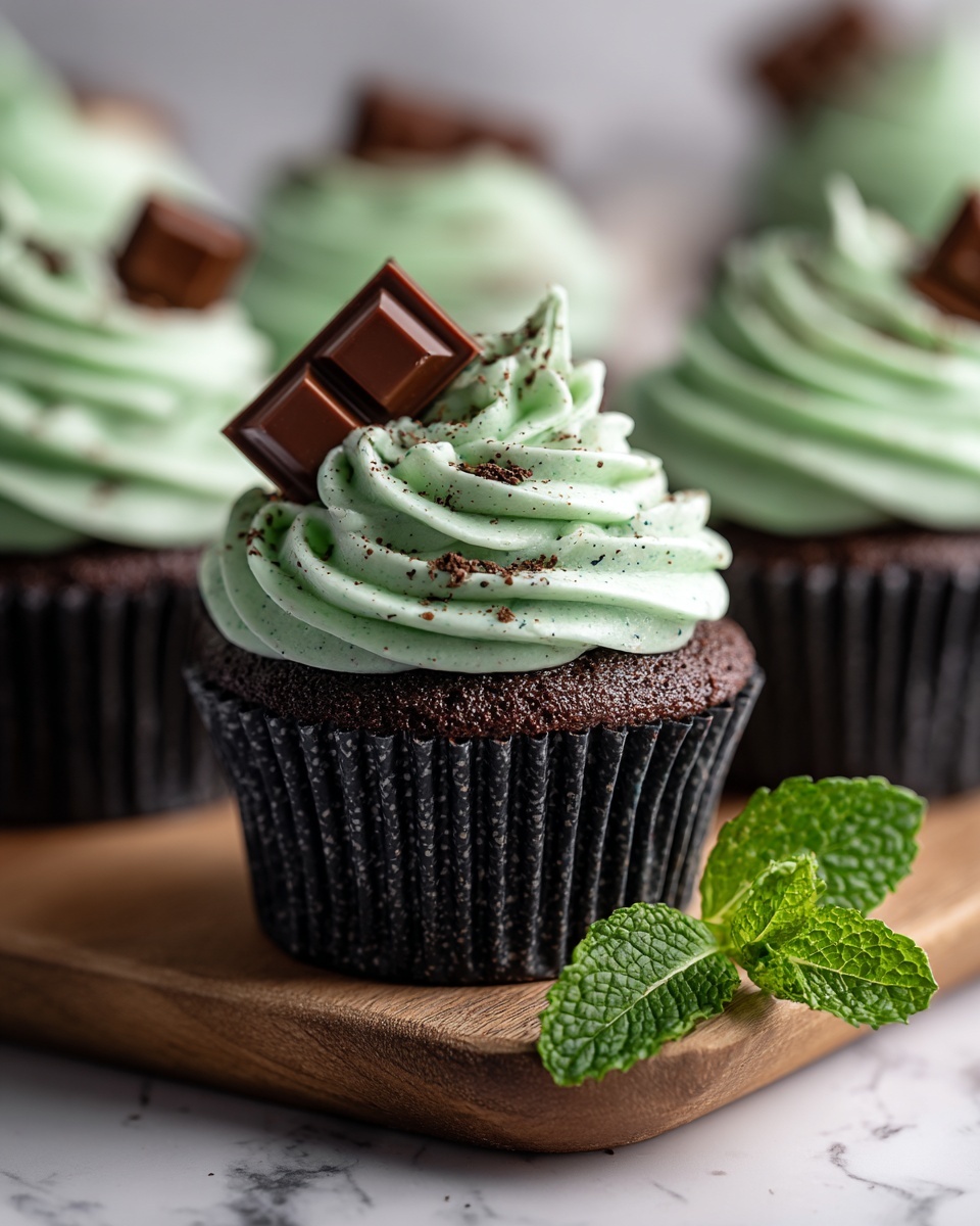 This image shows a chocolate cupcake cut in half on a white cupcake liner, placed on a white marbled surface. The cupcake has three visible layers: a dark, moist chocolate cake base, a rich, smooth milk chocolate filling in the middle, and a thick, light green frosting with small dark specks on top. The frosting is swirled and textured with peaks and folds, adding volume. Another half of the cupcake with the same layers is visible behind it, also showing the milk chocolate filling. A green mint leaf is partly visible in the background. Photo taken with an iphone --ar 4:5 --v 7
