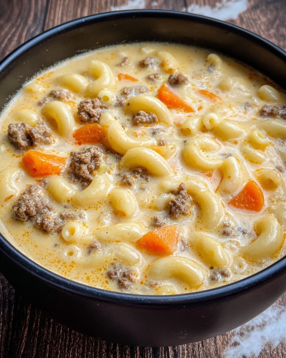 A black bowl filled with creamy macaroni soup layered with light yellow creamy broth, small pieces of browned ground beef scattered throughout, and a few slices of bright orange carrot pieces mixed in. The medium-sized elbow macaroni noodles are soft and coated with the broth, floating evenly on top. The bowl is placed on a wooden surface with a white marbled texture beneath, and the soup looks warm and hearty. Photo taken with an iphone --ar 4:5 --v 7