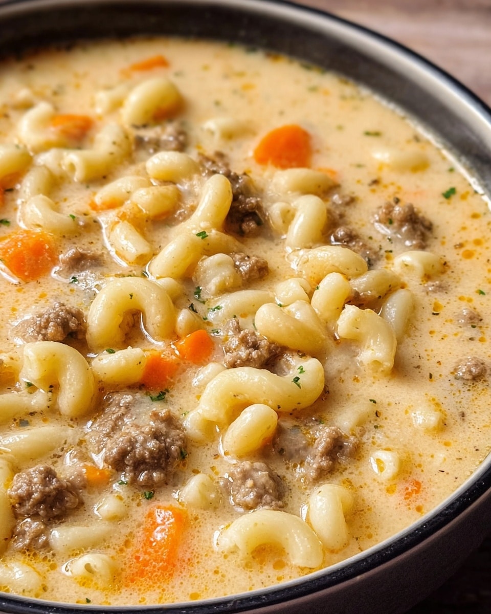 A close-up view of creamy macaroni soup in a white bowl with a black rim, showing thick, pale yellow broth filled with small elbow macaroni pasta in curved shapes, soft brown ground beef chunks, and small bright orange carrot pieces scattered throughout, all sitting smoothly together with a slightly oily sheen on top. The soup fills the bowl near the brim, and the image shows a textured white marbled surface under the bowl. photo taken with an iphone --ar 4:5 --v 7