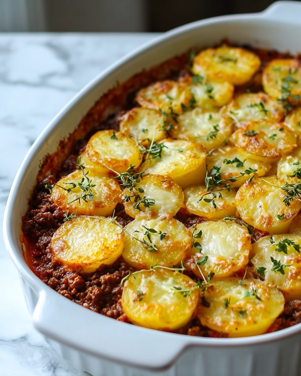 This image shows a white ceramic baking dish filled with a layered casserole. The bottom layer is a rich red sauce, topped by a layer of cooked ground beef that appears brown and crumbly. On top of the beef are several round slices of golden yellow potatoes, arranged closely in neat rows. Each potato slice has a slightly browned melted cheese layer, with some fresh green herb sprigs scattered over the top, giving a fresh look. The dish sits on a white marbled surface with soft natural light highlighting the textures. photo taken with an iphone --ar 4:5 --v 7