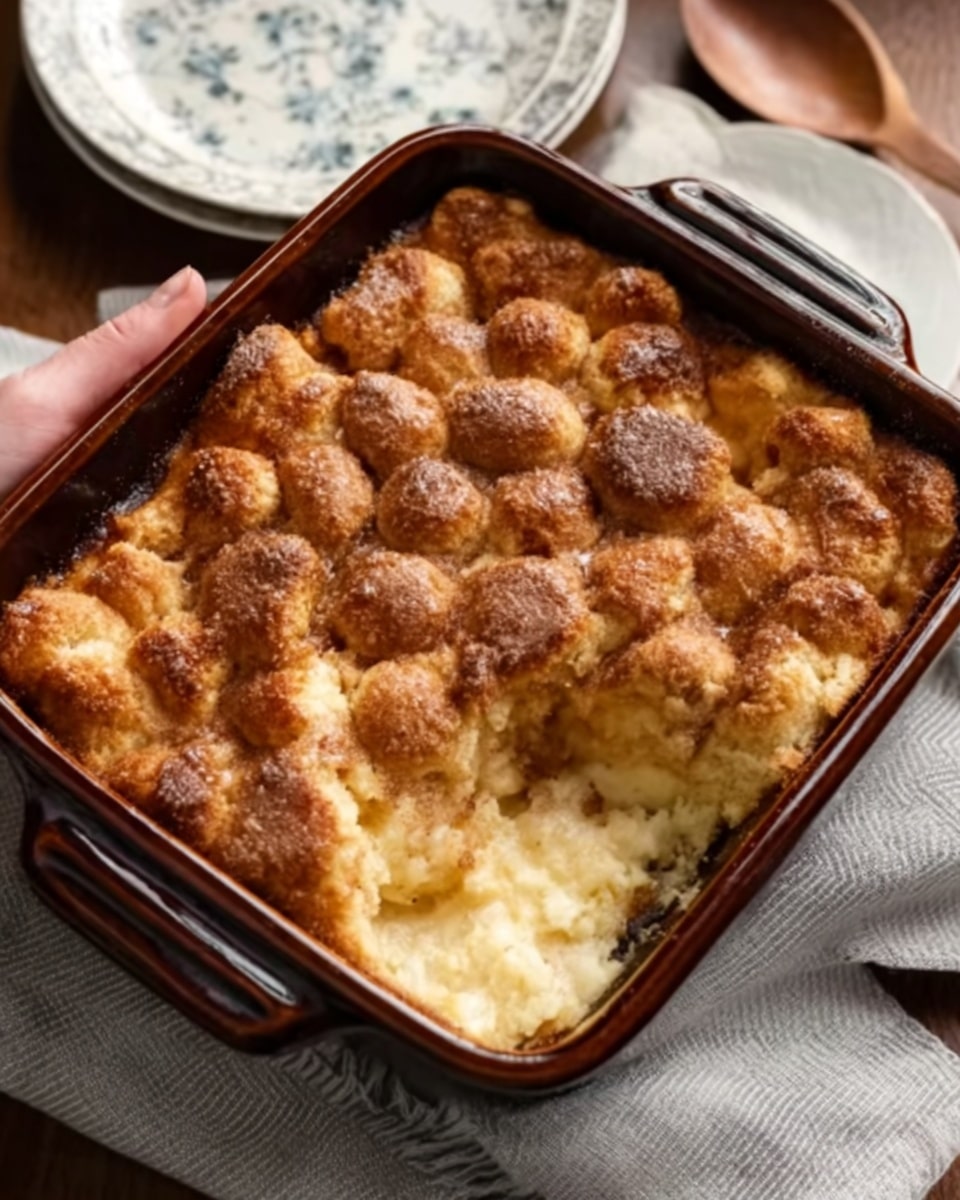 The image shows a dark brown rectangular baking dish filled with a baked dessert that has a golden brown top layer made of small rounded pieces closely packed together, resembling toasted bread or dough. The top layer has a rough texture with some areas darker than others, indicating slight caramelization. A portion of the dessert is missing from one corner, revealing a soft, creamy, light yellow layer underneath with a smooth texture. The dish is placed on a white marbled surface with a grey cloth partially under it, and a woman's hand is gently holding the edge of the dish. Nearby, there is a white plate with soft beige and blue patterns shown only partially. photo taken with an iphone --ar 4:5 --v 7