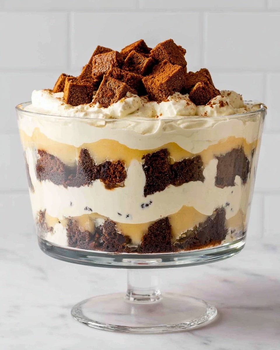 A clear glass trifle bowl on a white marbled surface holds a layered dessert with five visible layers. Starting from the bottom, the first layer is a mix of crumbled dark brown cake pieces. Above it, there is a creamy white layer with small dark specks, suggesting vanilla flavor. The third layer consists of more dark brown cake cubes evenly spread. This is followed by another thick white cream layer with a yellowish custard-like layer spread thinly on top. The pattern repeats with another row of dark brown cake cubes, topped with a thick final layer of white cream and a heap of dark brown cake cubes piled in the center on top. The bowl is simple and transparent, highlighting the contrast between the dark and light layers. Photo taken with an iphone --ar 4:5 --v 7