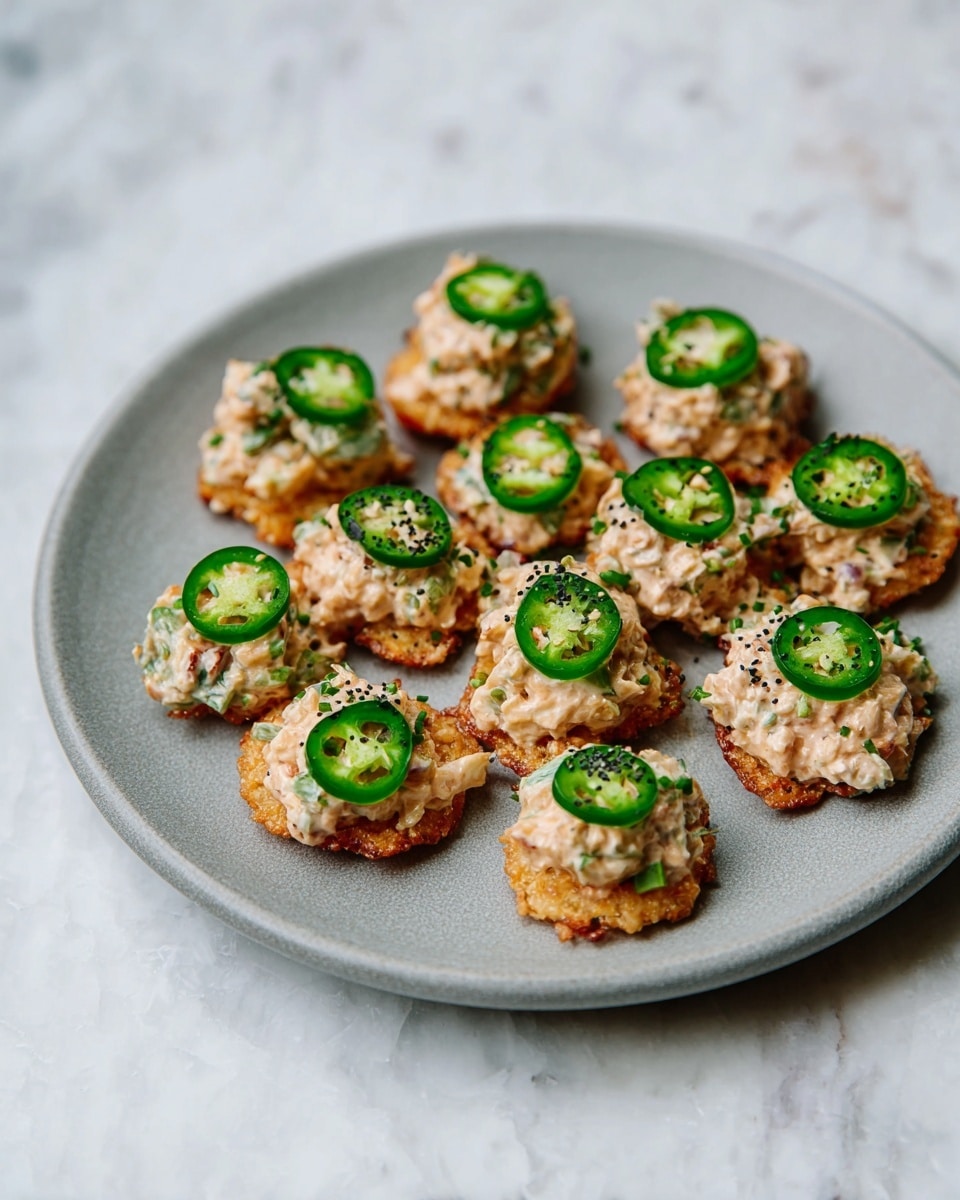 A gray round plate sits on a white marbled surface and holds about a dozen small round crispy golden brown bases, each topped with a creamy light pink mixture that has small pieces of green herbs and vegetables mixed in. On top of each creamy mixture, there is a bright green thin slice of jalapeño pepper, decorated with a few tiny black seeds sprinkled around. The texture contrasts between the crunchy base and the soft topping create a layered, appetizing look. photo taken with an iphone --ar 4:5 --v 7