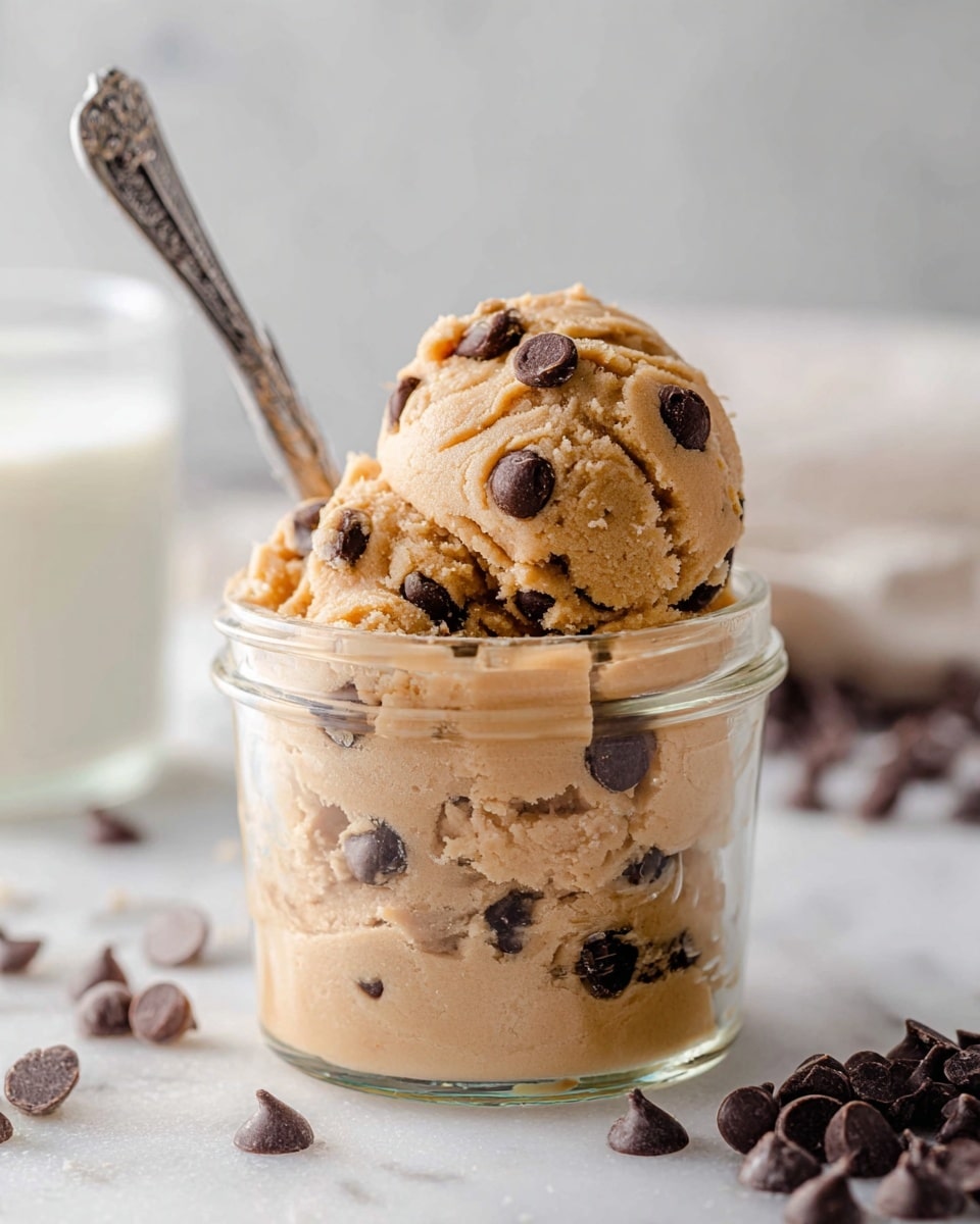 A small clear glass jar filled with light brown chocolate chip cookie dough, packed tightly inside and overflowing slightly at the top with two round scoops resting above the rim, both studded with dark chocolate chips. A silver spoon is inserted into the dough at the back of the jar. Around the jar on a white marbled surface are scattered chocolate chips, and in the background to the left, a clear glass of milk is slightly out of focus. Photo taken with an iphone --ar 4:5 --v 7