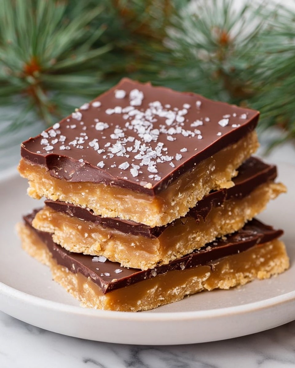 The image shows a stack of four chocolate-covered toffee bars on a white plate. Each bar has two main layers: a bottom light golden crunchy toffee layer with a crumbly texture, topped by a thick, smooth dark brown chocolate layer sprinkled with small white salt flakes. The bars are stacked unevenly, giving a clear view of both layers on each piece. The background is a white marbled surface with blurred green pine branches, adding a fresh contrast. photo taken with an iphone --ar 4:5 --v 7