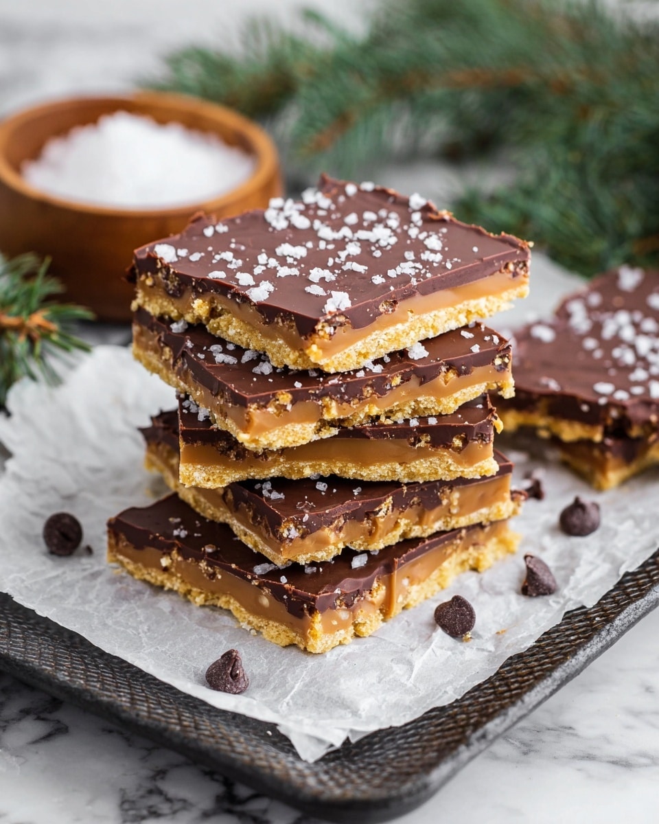 The image shows a stack of five square pieces of chocolate-covered toffee bark placed on white parchment paper over a textured black tray. Each piece has three visible layers: a golden crumbly base, a middle layer of smooth light brown caramel, and a thick top layer of shiny dark chocolate sprinkled with coarse white sea salt flakes. Around the stack, there are a few dark chocolate chips and some more sea salt flakes scattered. In the background, there is a small wooden bowl filled with white sea salt and some green pine branches, all set on a white marbled surface. photo taken with an iphone --ar 4:5 --v 7