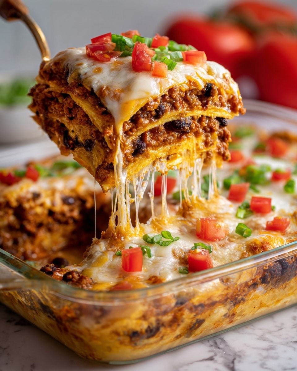 A close-up of a thick slice of layered casserole being lifted from a clear glass baking dish, showing five visible layers: a base layer of soft yellowish tortillas, followed by a rich mix of brown cooked ground meat and black beans, another tortilla layer, more meat and beans, topped with melted white and yellow cheese that stretches as the slice is lifted. The top is garnished with small diced bright red tomato pieces and chopped green onions, all resting on a white marbled surface with blurred red tomatoes in the background. Photo taken with an iphone --ar 4:5 --v 7