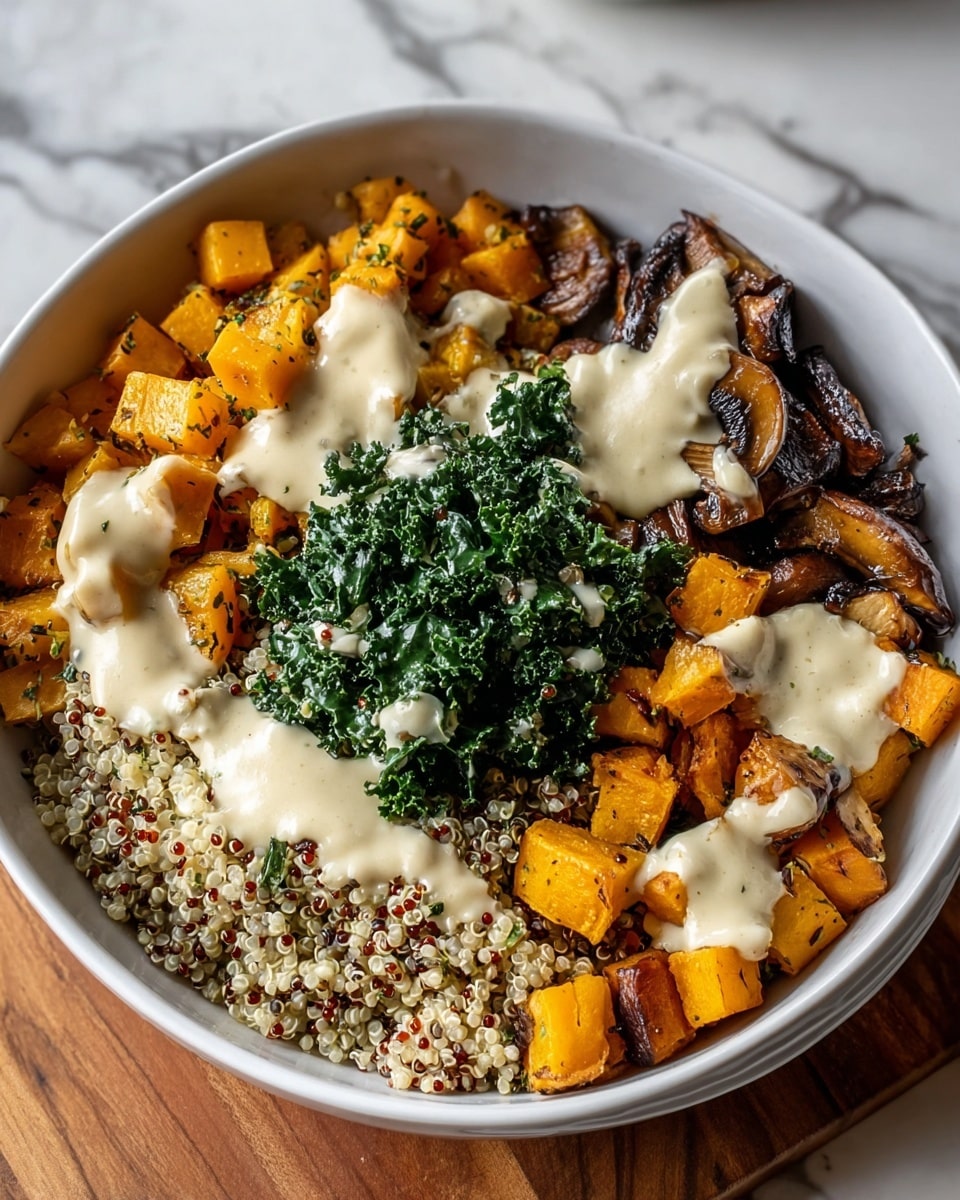 A white bowl filled with four main layers: the bottom layer is a mix of white and red quinoa with a slightly fluffy texture, topped with a small pile of dark green chopped kale in the center. Surrounding the kale, there are three sections of roasted vegetables — golden-orange cubed roasted butternut squash on the left, dark caramelized sliced mushrooms on the right, and more roasted butternut squash cubes on the front right side. Generous drizzles and a big dollop of creamy off-white sauce cover parts of the quinoa and vegetables, adding a smooth texture contrast. The bowl rests on a wooden surface with a white marbled texture in the background. Photo taken with an iphone --ar 4:5 --v 7