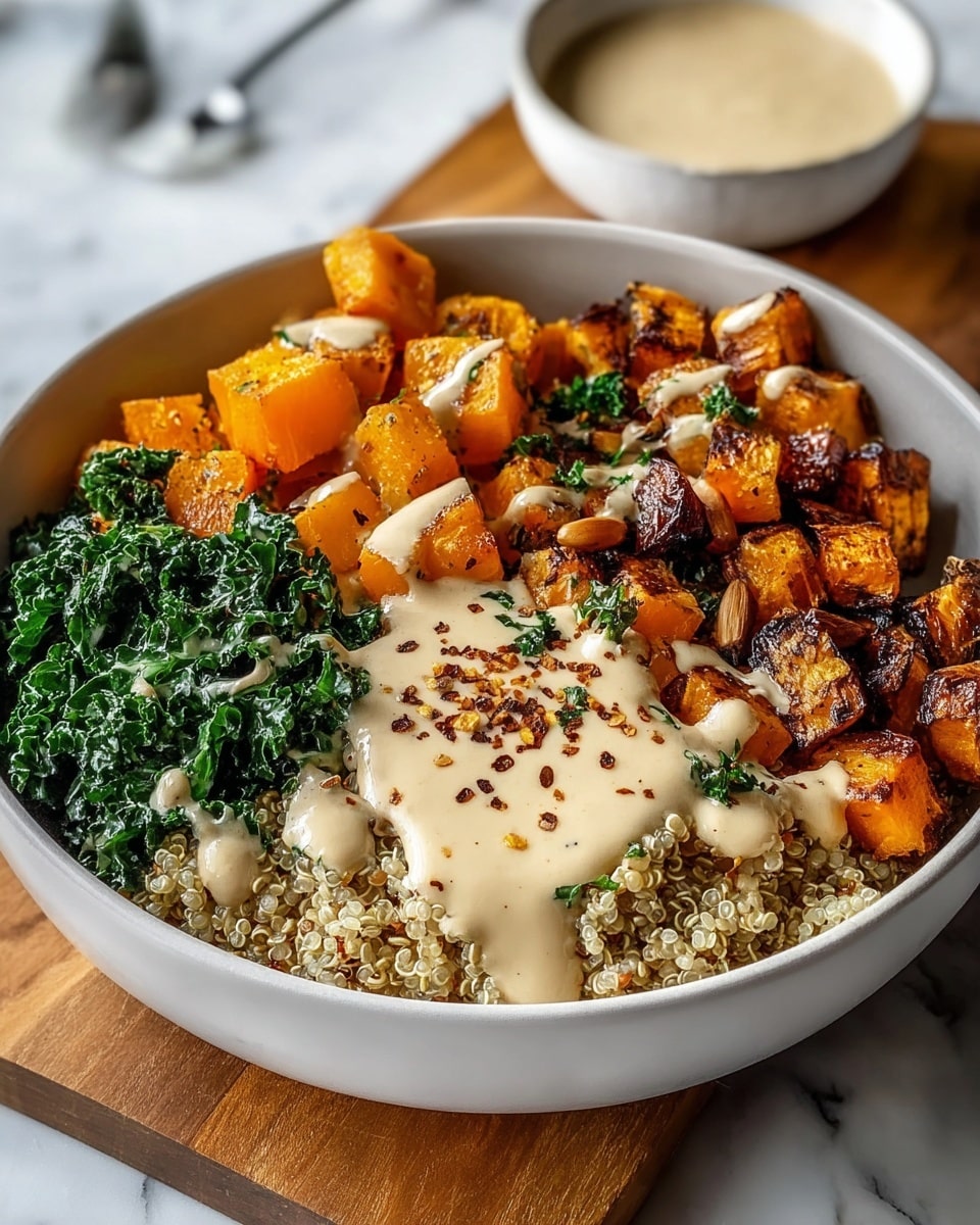 A round white bowl filled with a layered dish stands on a wooden board over a white marbled surface. The bottom layer consists of light beige quinoa with a small amount of dark green leafy kale placed on one side. On top of the quinoa and kale, there are two large sections of golden-orange roasted butternut squash cubes with a slightly charred texture and a section of crispy brown roasted nuts or seeds. In the center of the bowl, a dollop of creamy light beige sauce with visible black and reddish seasoning rests, while a drizzle of the same sauce covers part of the quinoa and butternut squash. In the background, a smaller white bowl with more of the creamy sauce is visible. photo taken with an iphone --ar 4:5 --v 7