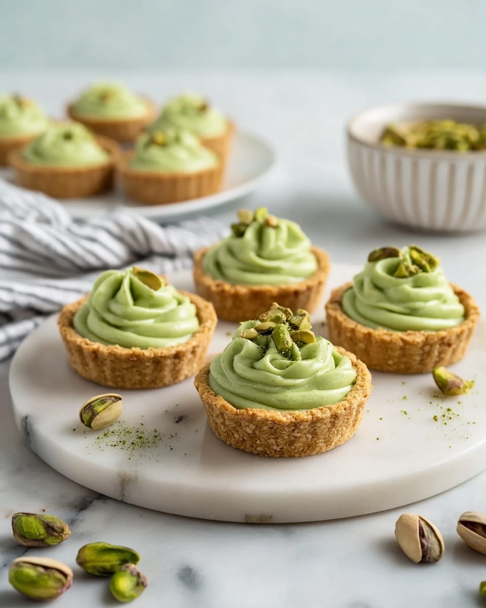 The image shows small tartlets placed on a white round marble plate, each tartlet having a golden-brown crispy crust as the base layer. On top of the crust, there is a smooth, thick swirl of light green cream filling, neatly piped into a rosette shape. Each tartlet is garnished with crushed pistachio pieces and a small sprinkle of green matcha powder on the cream, adding texture and color contrast. Around the plate and on the white marbled surface, whole and halved green pistachio nuts are scattered casually. In the background, another white plate holds more of the same tartlets, with a striped cloth and a white textured bowl of pistachios blurred softly. The whole scene is set on a white marbled surface with soft natural light highlighting the colors and textures. photo taken with an iphone --ar 4:5 --v 7