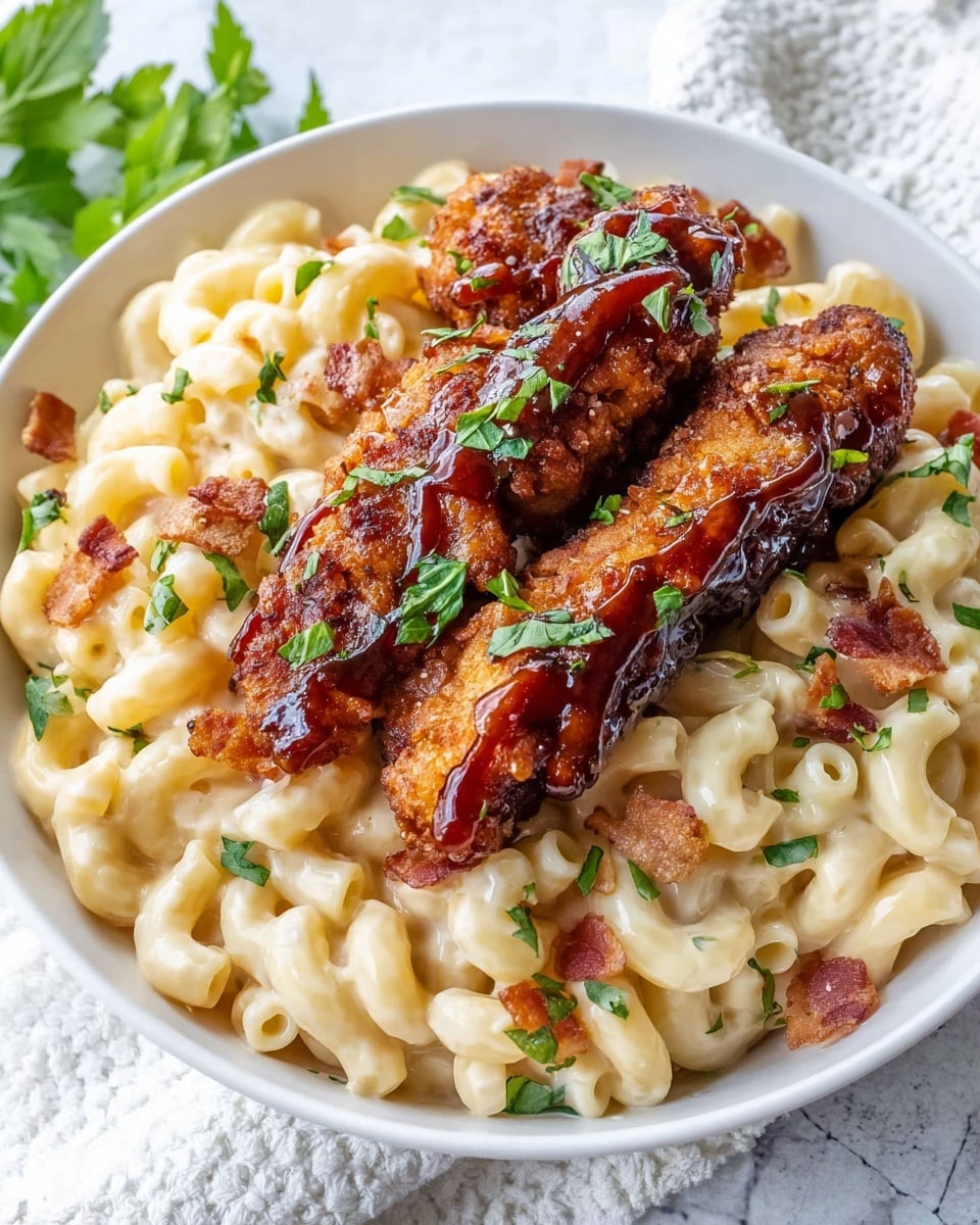 A white bowl filled with creamy macaroni and cheese forms the base layer, with pale yellow pasta coated in a smooth cheese sauce, scattered with small bits of crispy bacon and green herb pieces. On top, three golden-brown fried chicken tenders richly glazed with a shiny, dark reddish-brown sauce are laid side by side, garnished with fresh green herbs. The dish sits on a white marbled textured surface with some green leaves and a white textured cloth visible in the background. Photo taken with an iphone --ar 4:5 --v 7