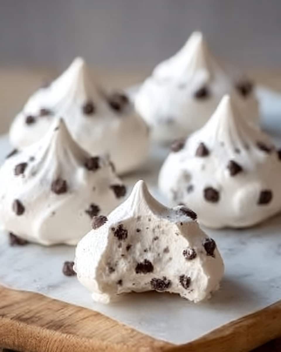 The image shows five small, white meringue cookies with a glossy finish and a pointed top, each speckled with small dark chocolate chips. One meringue is broken open, showing the airy and soft inside with visible chocolate chips embedded within. They are placed on a white marble surface with a wooden board underneath the broken meringue in the foreground, giving a clean and simple look. Photo taken with an iphone --ar 4:5 --v 7