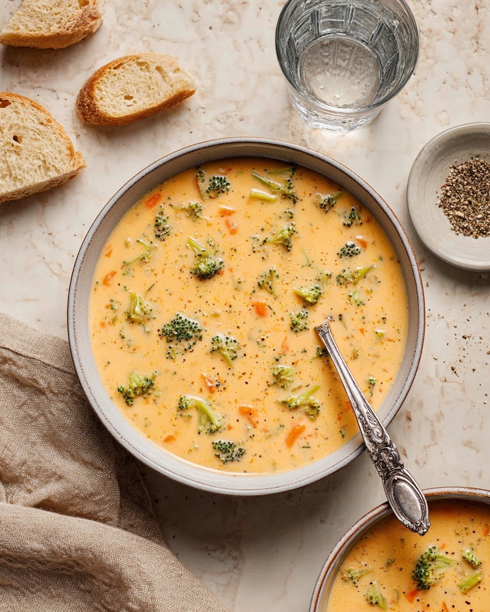 A bowl of creamy light orange soup filled with small pieces of green broccoli and tiny orange carrot shreds is placed on a white marbled surface. The soup looks thick and smooth, with colorful vegetable bits scattered evenly throughout. The bowl is white with a grayish rim, and a silver spoon with ornate details rests inside it. Around the bowl, there are small slices of golden brown crusty bread, a clear glass of water, and a small white dish filled with ground pepper. A beige cloth napkin is casually placed near the lower left corner. Photo taken with an iphone --ar 4:5 --v 7