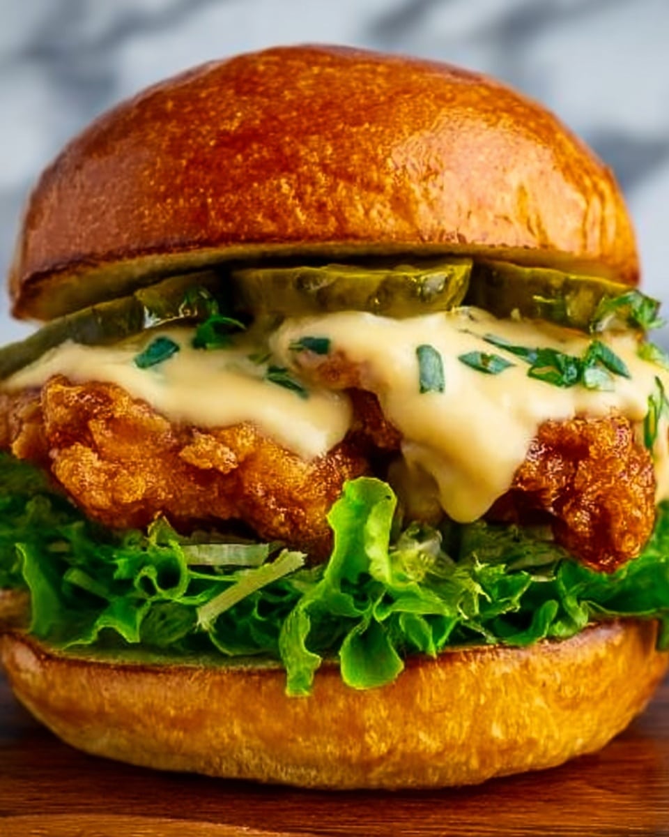 A close-up of a burger with three main layers inside a shiny golden brown bun. The bottom layer shows fresh, bright green leafy lettuce. On top of the lettuce, there are two pieces of crispy, golden-brown fried chicken. Above the chicken, a creamy pale yellow sauce with green herbs is drizzled generously. At the very top, a few dark green pickle slices peek out from under the soft, glossy top bun. The background is a white marbled texture. Photo taken with an iphone --ar 4:5 --v 7