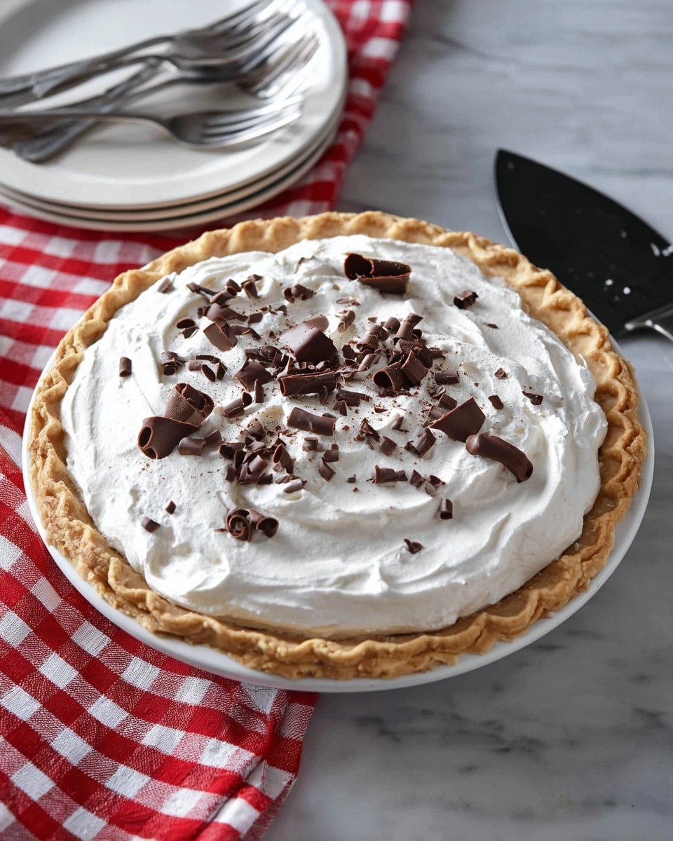 A pie with a golden-brown crust forming the bottom and edges, topped with a thick, smooth layer of white whipped cream covering the entire surface. On top of the whipped cream, there are dark chocolate curls and small chocolate shavings scattered decoratively. The pie sits on a white marbled surface with a red and white checkered cloth underneath and a black pie server nearby. To the side, there are white plates stacked with two metal forks resting on top. Photo taken with an iphone --ar 4:5 --v 7