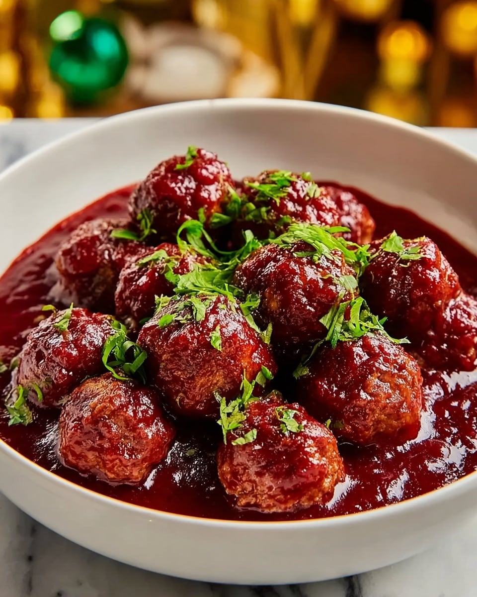 A white bowl filled with about fifteen small round meatballs covered in a thick, shiny deep red sauce. The sauce has a smooth texture with some small chunks, pooling around the meatballs and partially submerged. Bright green chopped herbs are sprinkled lightly over the top, adding contrast in color. The bowl sits on a white marbled surface with some blurred golden and green decorations in the background. photo taken with an iphone --ar 4:5 --v 7