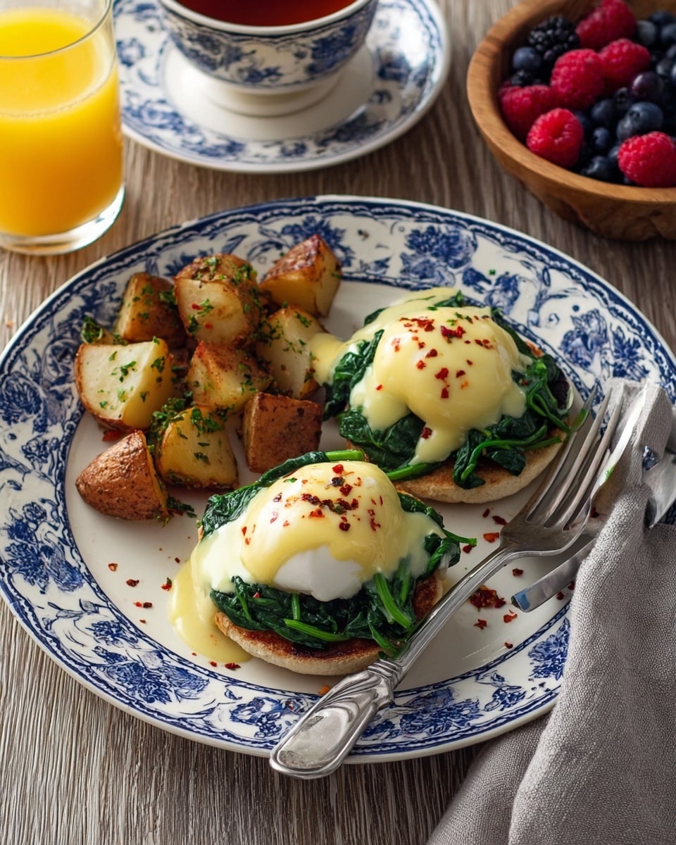 Two English muffin halves sit side by side on a white plate with blue floral patterns. Each muffin is topped with a layer of wilted, dark green spinach, then a creamy, light yellow hollandaise sauce drizzled over two poached eggs sprinkled with red chili flakes. To the top right of the plate is a serving of golden-brown roasted potatoes with herb specks. A silver fork is placed on the left edge of the plate. The plate rests on a wooden surface with a white marbled texture, accompanied by a white cup of tea with milk, a clear glass of orange juice, and a small white bowl filled with blueberries and raspberries. photo taken with an iphone --ar 4:5 --v 7