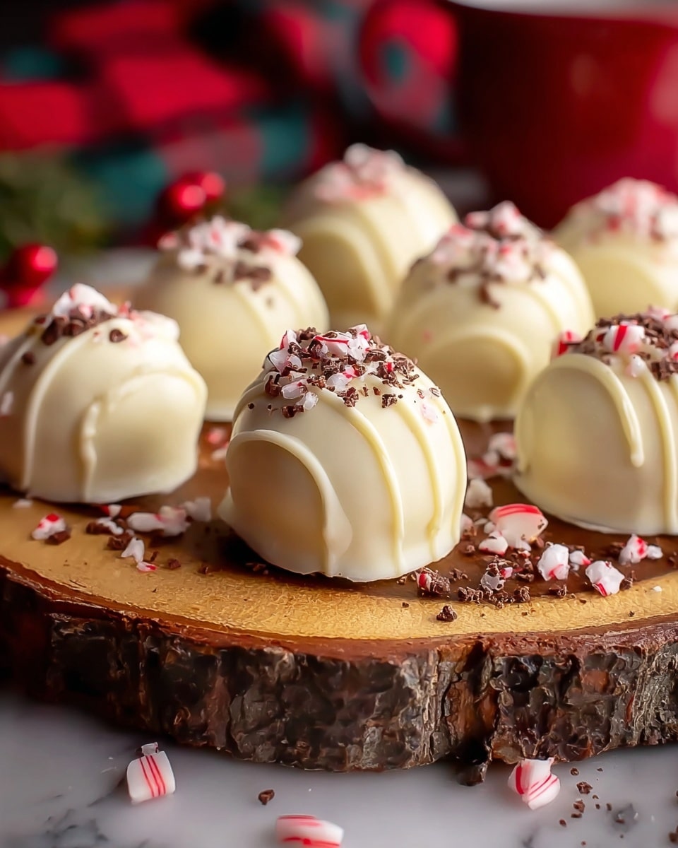 There are eight round white chocolate truffles arranged on a wooden slab with bark edges. Each truffle has a smooth white coating with subtle white lines running over the surface, creating a three-layered effect. On top of each truffle, there are small crushed pieces of red and white peppermint candy mixed with tiny dark brown chocolate bits, adding texture and color contrast. Some peppermint pieces are scattered on the wooden slab around the truffles. The background shows blurry red and dark colors, and the overall scene is set on a white marbled surface. photo taken with an iphone --ar 4:5 --v 7