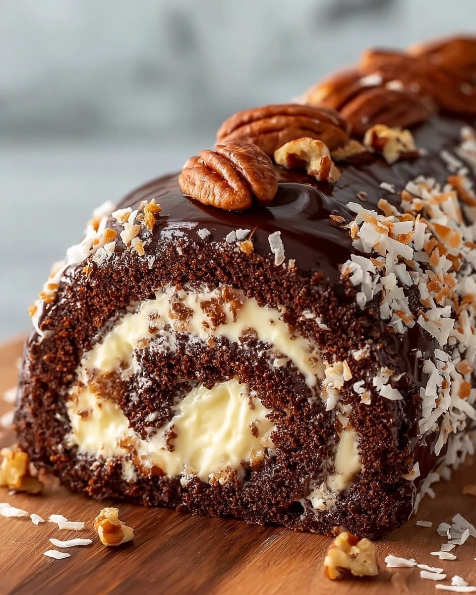 A close-up view of a rolled chocolate cake with two main layers: a dark, rich chocolate sponge cake wrapped around a light cream filling swirled with a caramel or light brown sauce, creating a spiral pattern. The outside is coated with a glossy dark chocolate glaze layered with white shredded coconut flakes and topped with whole pecan nuts and small nut pieces. Drizzles of shiny chocolate sauce run across the cone-shaped roll and slightly onto the white plate it rests on, set against a white marbled texture. photo taken with an iphone --ar 4:5 --v 7