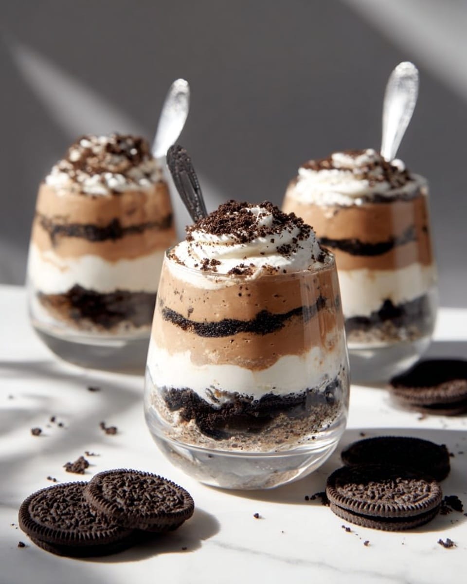 The image shows a close-up of three glass dessert cups on a white marbled surface, each filled with layered chocolate and cream dessert. The dessert has five layers: a bottom layer of dark chocolate cookie crumbs, a light brown creamy chocolate layer above it, a white cream layer in the middle, another light brown chocolate layer on top of the cream, and a final topping of white whipped cream sprinkled with chocolate cookie crumbs. At the front, a woman's hand holds a spoon with a bite of the dessert, showing the layered textures clearly. Around the glasses, there are whole chocolate sandwich cookies scattered. The background is softly blurred to keep focus on the desserts. photo taken with an iphone --ar 4:5 --v 7