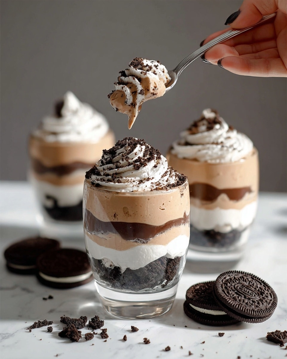 Three clear glasses hold layered desserts placed on a white marbled surface. Each glass has five visible layers starting from the bottom: dark crumbly cookie pieces, light brown creamy layer, thick white creamy layer, another thin dark crumbly cookie layer, and a top layer of light brown creamy mix with white cream on top sprinkled with more dark cookie crumbs. Two spoons stand inside the glasses at the back, and some whole dark sandwich cookies lie on the surface around the glasses. The lighting creates soft shadows and bright highlights. photo taken with an iphone --ar 4:5 --v 7