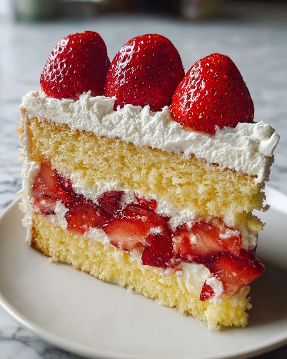 A slice of three-layer vanilla sponge cake sits on a white plate with a white marbled texture in the background. The bottom layer is a soft, light yellow sponge, topped with a thin layer of whipped cream and a visible layer of sliced fresh strawberries with a bright red color. The middle layer is another fluffy yellow sponge, covered by a thicker layer of white whipped cream mixed with more sliced strawberries. The top layer is a generous layer of whipped cream, decorated with three whole, glossy, red strawberries on top. The texture of the cake is moist and crumbly, and the whipped cream looks light and fluffy. photo taken with an iphone --ar 4:5 --v 7