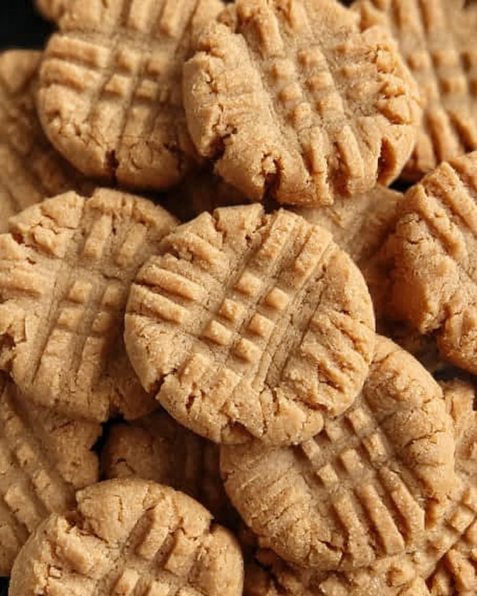 A close-up view of many round peanut butter cookies stacked randomly on a white marbled surface, each cookie showing a textured crisscross pattern pressed on top, giving them a rough, crumbly look with light golden-brown color and slight cracks. The cookies fill the whole frame, highlighting their soft texture and detailed surface pattern. Photo taken with an iphone --ar 4:5 --v 7