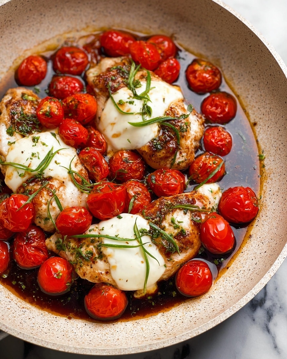 The image shows a pan with cooked chicken breasts, each topped with a smooth white layer of melted cheese. Surrounding the chicken are many bright red cherry tomatoes, some whole and some cut in half, sitting in a dark, glossy sauce that pools at the bottom of the pan. Thin strips of fresh green herbs are scattered over the dish, adding a touch of color contrast. The pan itself is a light speckled beige, and the scene is set against a white marbled surface. photo taken with an iphone --ar 4:5 --v 7