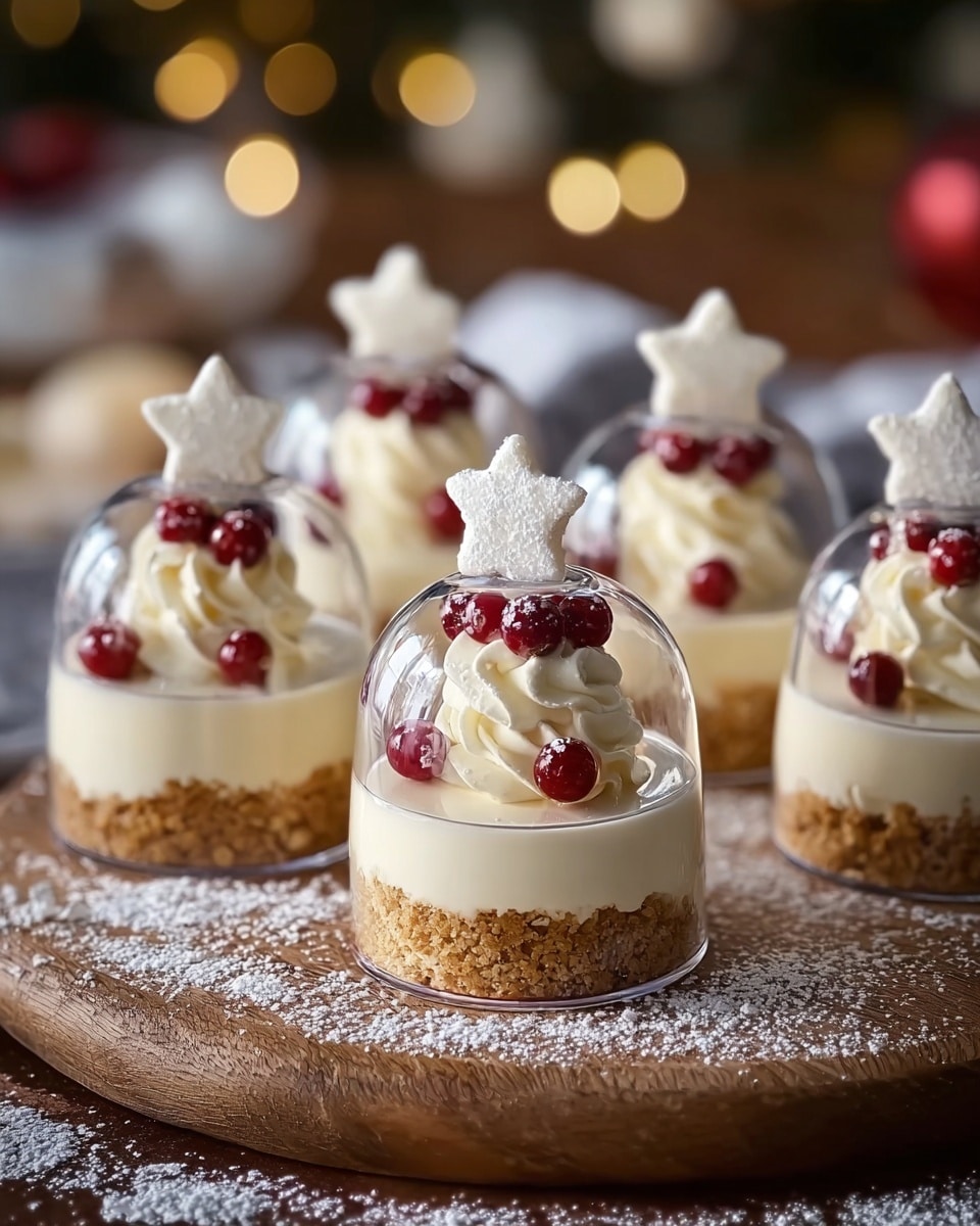 Small round desserts have three layers: the bottom layer is a crumbly light brown crust, the middle layer is smooth and creamy white, and on top is a swirl of white whipped cream decorated with small shiny red balls and a white star-shaped topping dusted with powdered sugar. Each dessert is covered with a clear dome, and they are placed on a wooden board dusted with powdered sugar, all set on a white marbled texture. The background shows soft warm lights suggesting a cozy setting. photo taken with an iphone --ar 4:5 --v 7