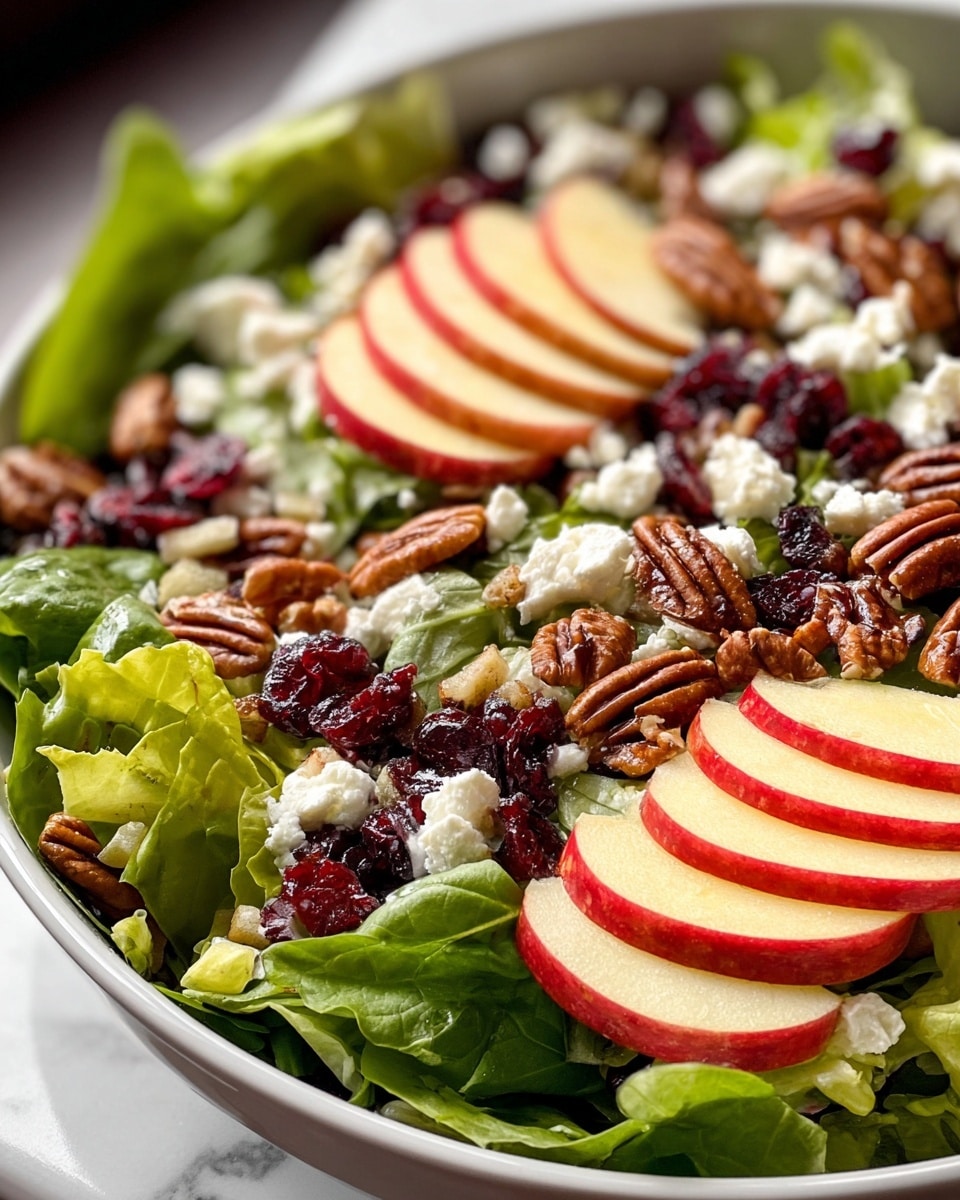 A close-up of a fresh salad on a white plate, with a base layer of large, dark green spinach leaves. On top of this layer are thin slices of red and yellow apple, scattered evenly around. Next, there are clusters of white, crumbly cheese spread across the salad, mixed with several whole and chopped brown pecans. Dark red dried cranberries are sprinkled throughout, adding contrast to the layers. The plate sits on a surface with a white marbled texture. photo taken with an iphone --ar 4:5 --v 7