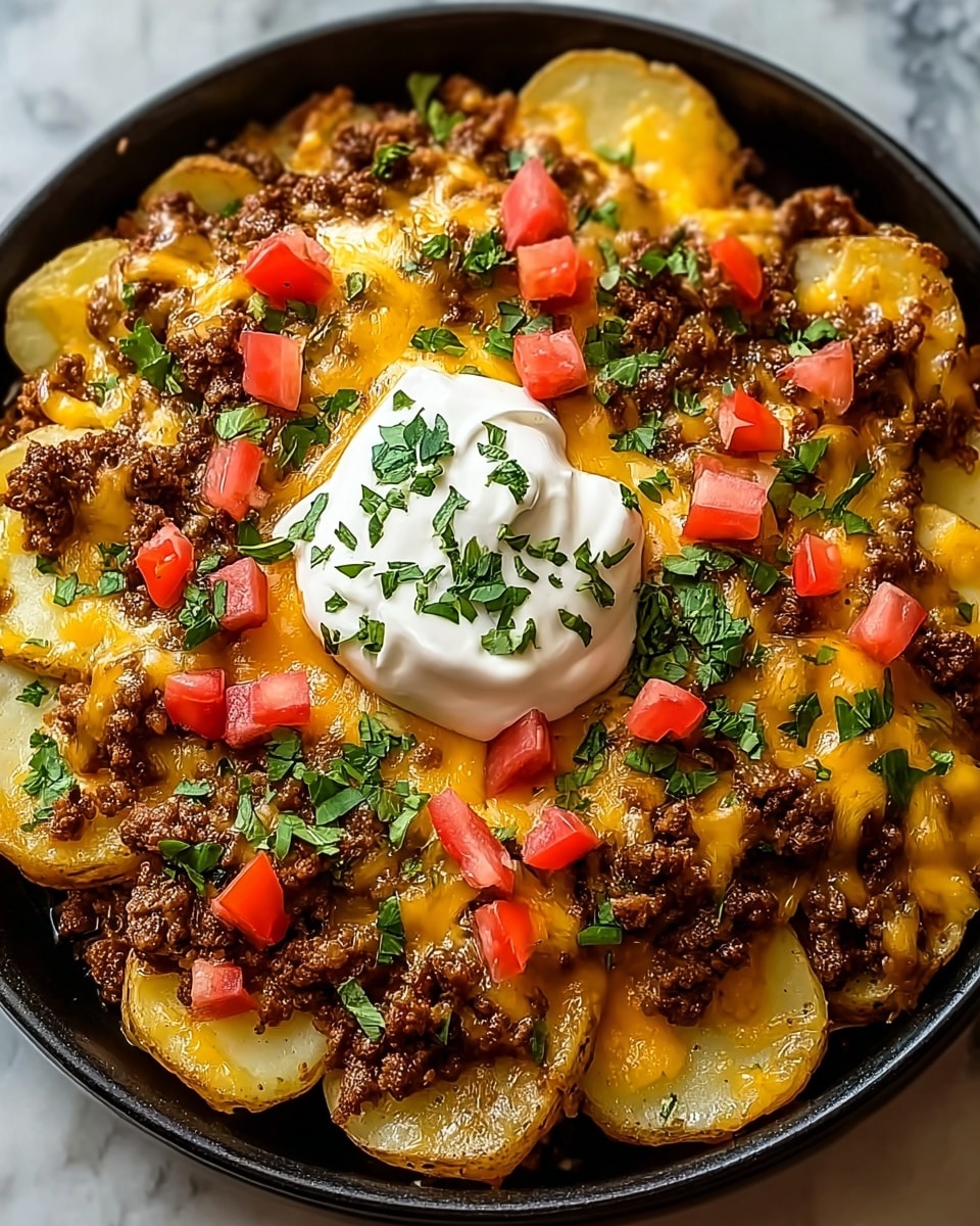 The dish is presented in a round black skillet on a white marbled surface. The bottom layer shows thick, yellowish slices of cooked potato arranged in a circular pattern, their edges slightly browned and soft textured. Over the potatoes, there is a generous layer of cooked ground beef, dark brown and crumbly in texture. On top of the beef, melted cheddar cheese covers most of the surface, bright orange-yellow and smooth. Scattered diced red tomatoes and chopped green herbs add color and freshness around the cheese. At the center, a dollop of white sour cream with a thick, creamy texture is topped with more green herbs for garnish. Photo taken with an iphone --ar 4:5 --v 7