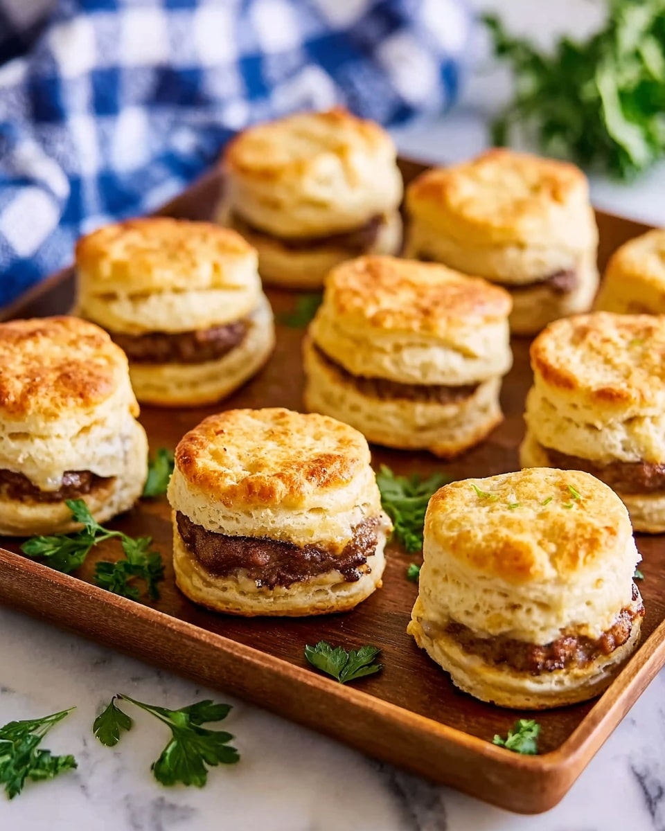 The image shows a wooden tray holding nine small biscuit sandwiches. Each sandwich has two golden, fluffy biscuit layers with a slightly crisp and browned top and a soft, flaky inside. Between the biscuit layers is a thick, brown sausage patty that looks juicy and cooked. Small sprigs of green parsley are scattered around the tray. The tray is sitting on a white marbled surface with a blue and white checkered cloth nearby. Photo taken with an iphone --ar 4:5 --v 7
