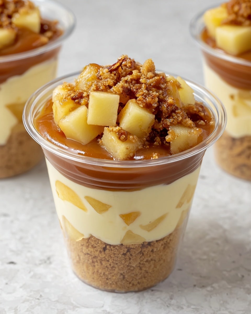 A clear plastic cup shows a dessert with four layers: at the bottom, a crumbly, light brown crushed cookie layer, followed by a creamy, pale yellow filling that looks smooth with small yellow chunks inside; next is a caramel brown sauce layer that is glossy and thick, and on top are golden yellow diced apple pieces mixed with crunchy brown bits, giving a textured finish. The cups are placed on a white marbled surface. photo taken with an iphone --ar 4:5 --v 7