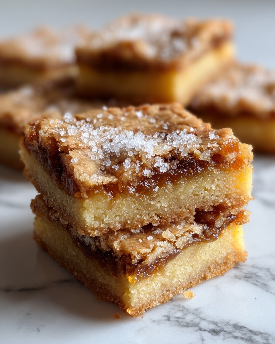The image shows a close-up of three square dessert bars stacked on top of each other on a wooden surface. Each bar has two distinct layers: the bottom layer is a dense, golden-brown with a slightly moist texture, and the top layer is lighter brown, crumbly, and dusted with granulated sugar, giving a sparkling effect. The edges are slightly crumbly, showing a soft but firm bite. The background is a white marbled texture. Photo taken with an iphone --ar 4:5 --v 7